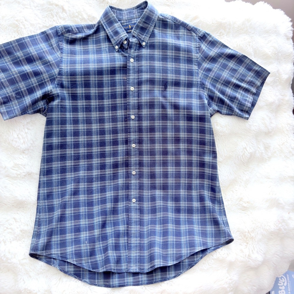 Ralph Lauren Custom Fit Shirt Mens Large Blue Plaid Short Sleeve Button Down